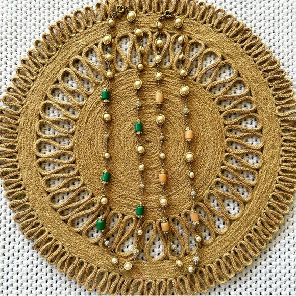 J Crew Set of 2 Gold Tone Pearl Accent Peach Green Stone Strand Necklaces Lot - Picture 4 of 8